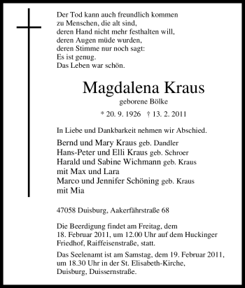 Traueranzeige von Magdalena Kraus von Tageszeitung