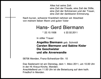 Traueranzeige von Hans- Gerd Biermann von Tageszeitung