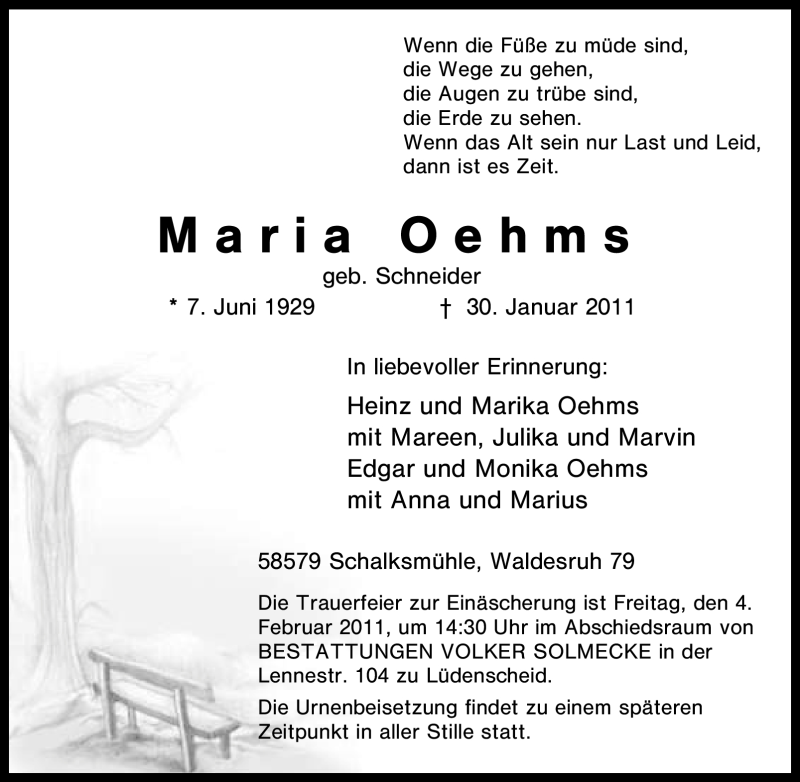 Traueranzeige für Maria Oehms vom 02.02.2011 aus Tageszeitung