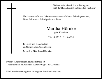Traueranzeige von Martha Hörnke von Tageszeitung