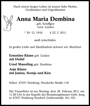 Traueranzeige von Anna Maria Dembina von Tageszeitung