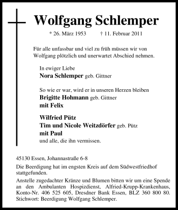 Traueranzeige von Wolfgang Schlemper von Tageszeitung