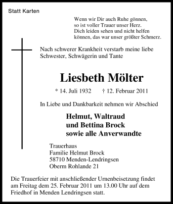 Traueranzeige von Liesbeth Mölter von Tageszeitung