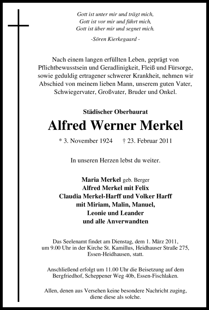  Traueranzeige für Alfred Werner Merkel vom 26.02.2011 aus Tageszeitung