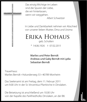 Traueranzeige von Erika Hohaus von Tageszeitung