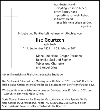 Traueranzeige von Ilse Geurtzen von Tageszeitung