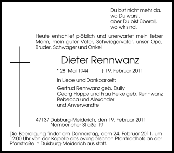 Traueranzeige von Dieter Rennwanz von Tageszeitung