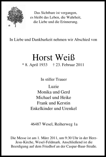Traueranzeige von Horst Weiß von Tageszeitung