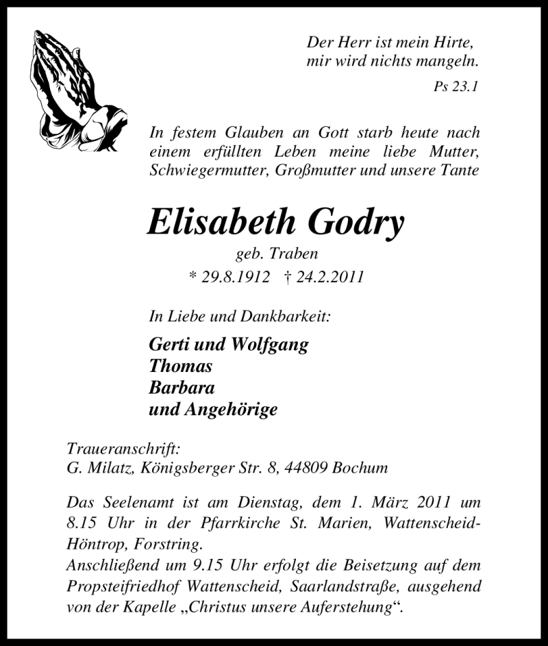  Traueranzeige für Elisabeth Godry vom 25.02.2011 aus Tageszeitung