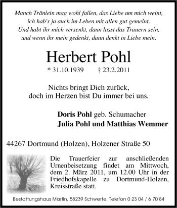 Traueranzeige von Herbert Pohl von Tageszeitung