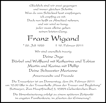 Traueranzeige von Franz Wigand von Tageszeitung