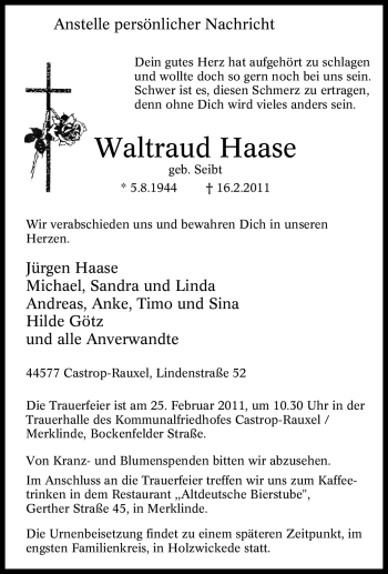 Traueranzeige von Waltraud Haase von Tageszeitung