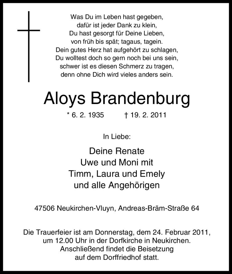  Traueranzeige für Aloys Brandenburg vom 22.02.2011 aus Tageszeitung