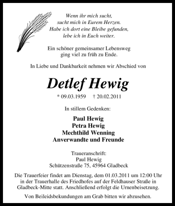 Traueranzeige von Detlef Hewig von Tageszeitung