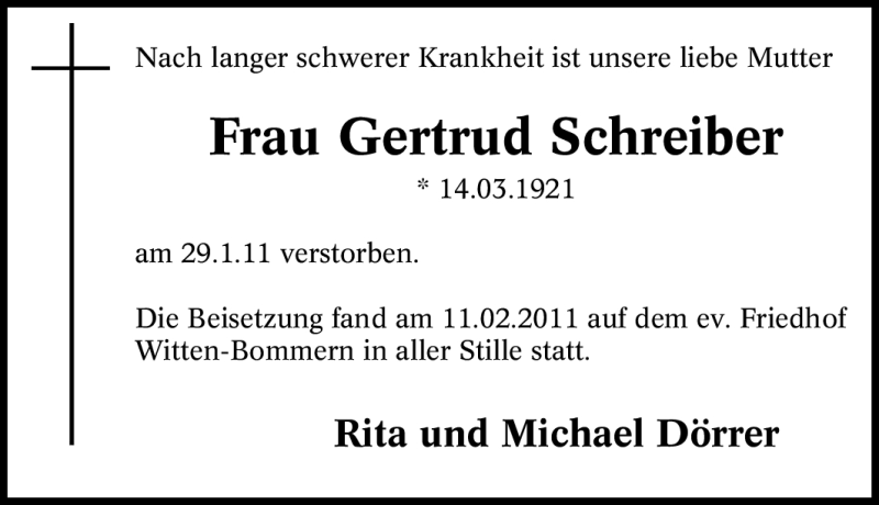  Traueranzeige für Gertrud Schreiber vom 19.02.2011 aus Tageszeitung