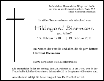Traueranzeige von Hildegard Biermann von Tageszeitung