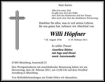 Traueranzeige von Willi Höpfner von Tageszeitung