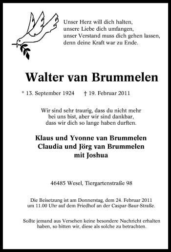 Traueranzeige von Walter van Brummelen von Tageszeitung