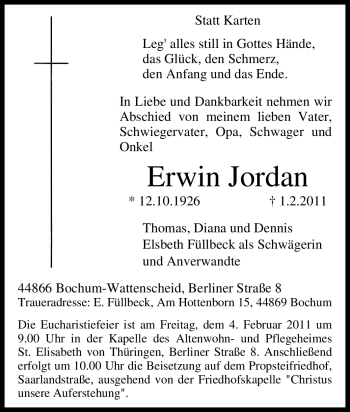 Traueranzeige von Erwin Jordan von Tageszeitung