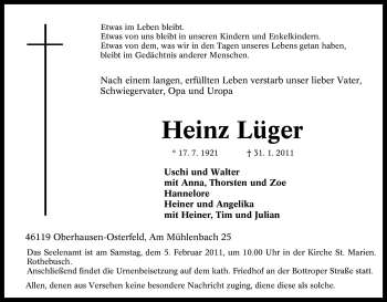 Traueranzeige von Heinz Lüger von Tageszeitung