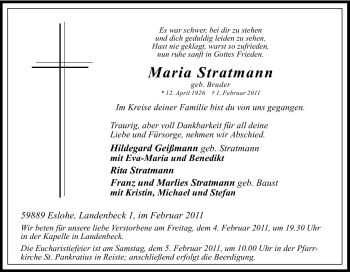 Traueranzeige von Maria Stratmann von Tageszeitung