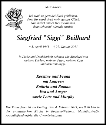 Traueranzeige von Siegfried Beilhard von Tageszeitung
