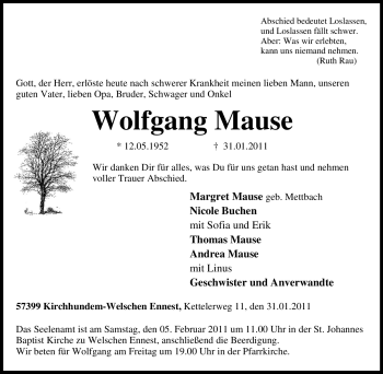 Traueranzeige von Wolfgang Mause von Tageszeitung