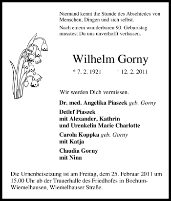 Traueranzeige von Wilhelm Gorny von Tageszeitung