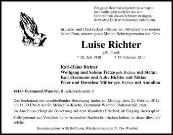Traueranzeige von Luise Richter von Tageszeitung