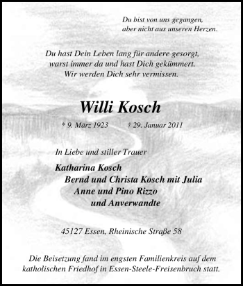 Traueranzeige von Willi Kosch von Tageszeitung