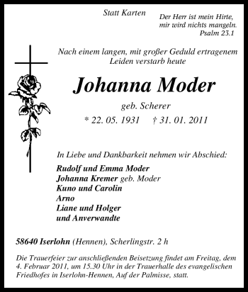 Traueranzeige von Johanna Moder von Tageszeitung