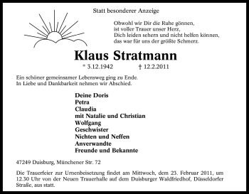 Traueranzeige von Klaus Stratmann von Tageszeitung
