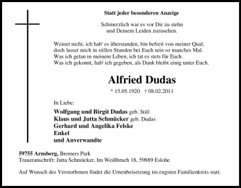 Traueranzeige von Alfried Dudas von Tageszeitung