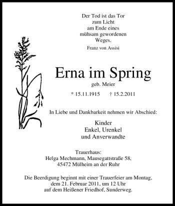 Traueranzeige von Erna im Spring von Tageszeitung