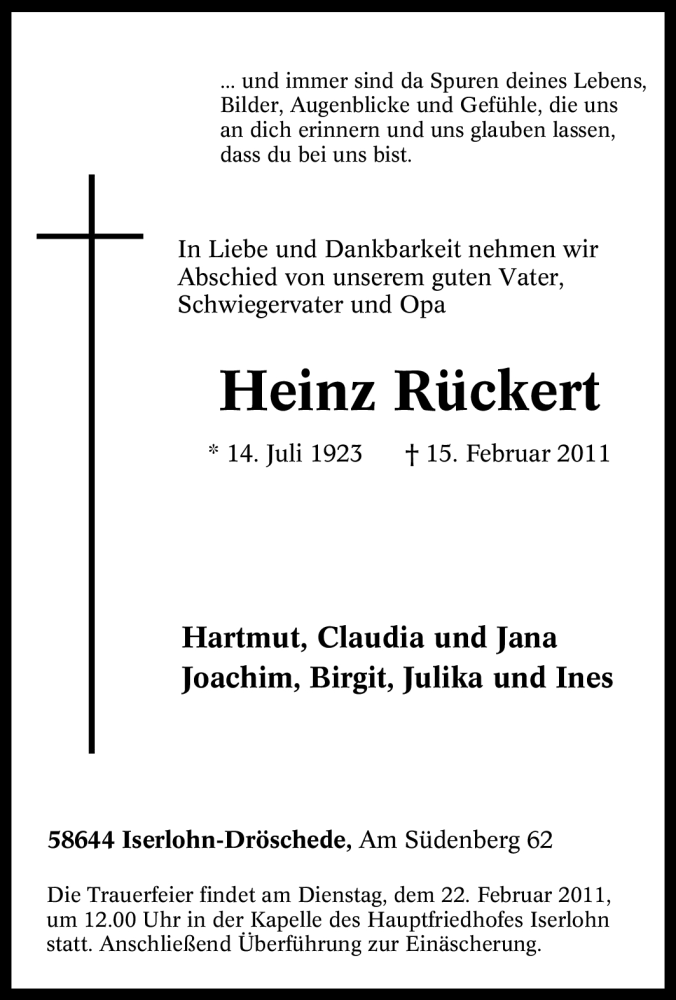 Traueranzeige für Heinz Rückert vom 18.02.2011 aus Tageszeitung