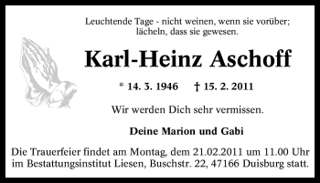 Traueranzeige von Karl-Heinz Aschoff von Tageszeitung