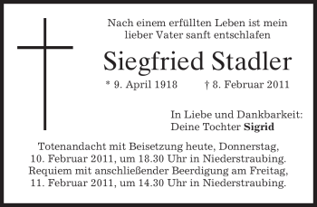 Traueranzeige von Siegfried Stadler von Tageszeitung
