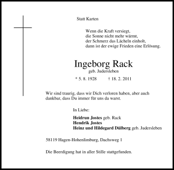 Traueranzeige von Ingeborg Rack von Tageszeitung