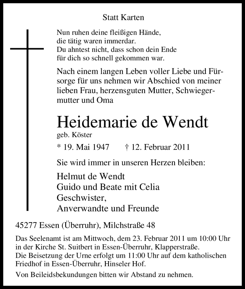  Traueranzeige für Heidemarie de Wendt vom 19.02.2011 aus Tageszeitung
