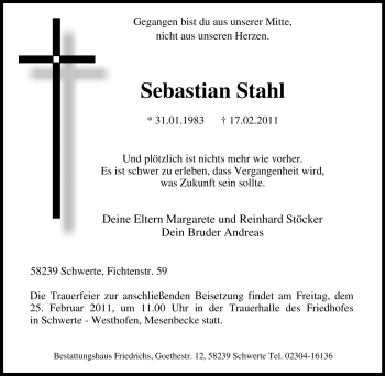 Traueranzeige von Sebastian Stahl von Tageszeitung