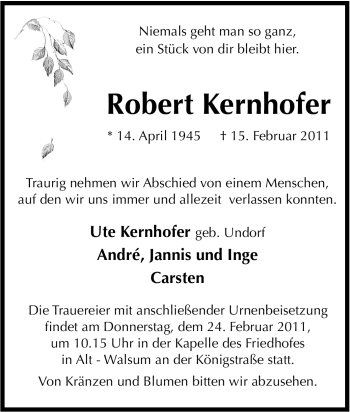 Traueranzeige von Robert Kernhofer von Tageszeitung