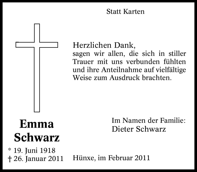  Traueranzeige für Emma Schwarz vom 26.02.2011 aus Tageszeitung