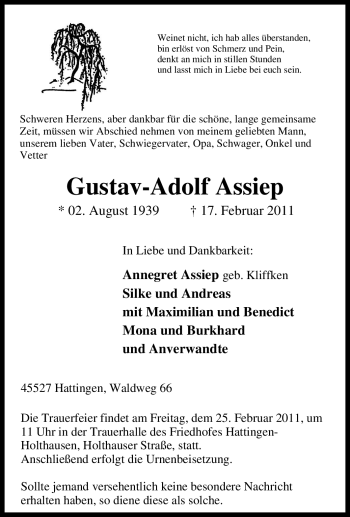 Traueranzeige von Gustav-Adolf Assiep von Tageszeitung