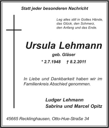Traueranzeige von Ursula Lehmann von Tageszeitung