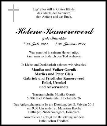 Traueranzeige von Helene Kamerewerd von Tageszeitung