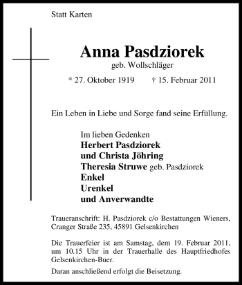 Traueranzeige von Anna Pasdziorek von Tageszeitung