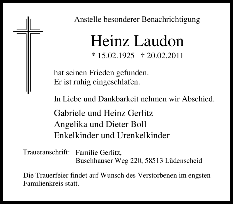  Traueranzeige für Heinz Laudon vom 22.02.2011 aus Tageszeitung