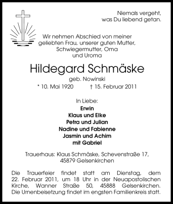 Traueranzeige von Hildegard Schmäske von Tageszeitung