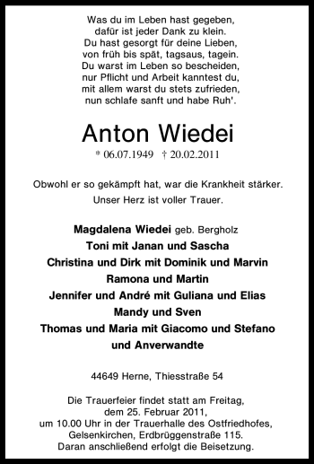 Traueranzeige von Anton Wiedei von Tageszeitung