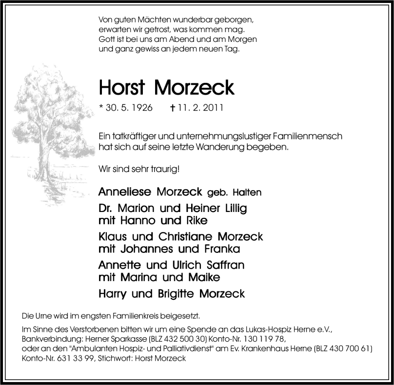  Traueranzeige für Horst Morzeck vom 21.02.2011 aus Tageszeitung